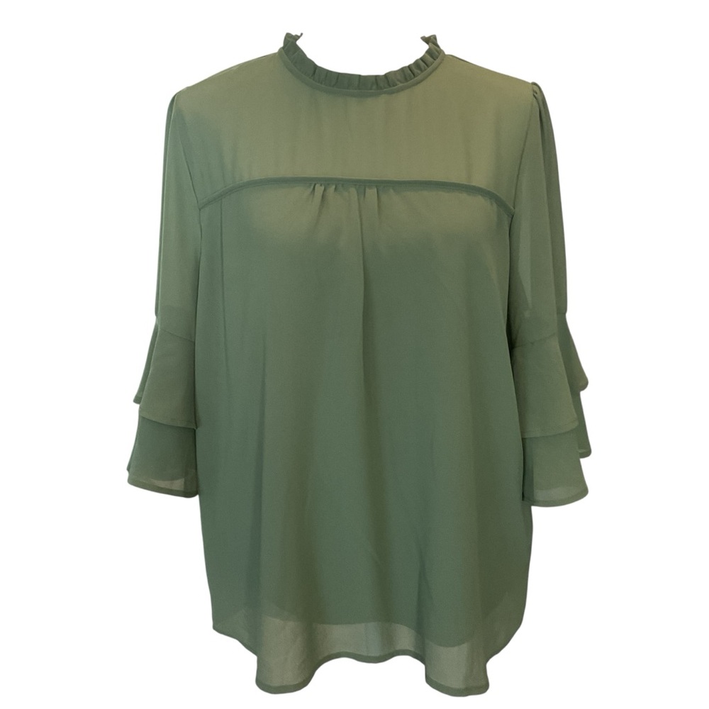 Womens Green Ruffle-Neck Blouse L